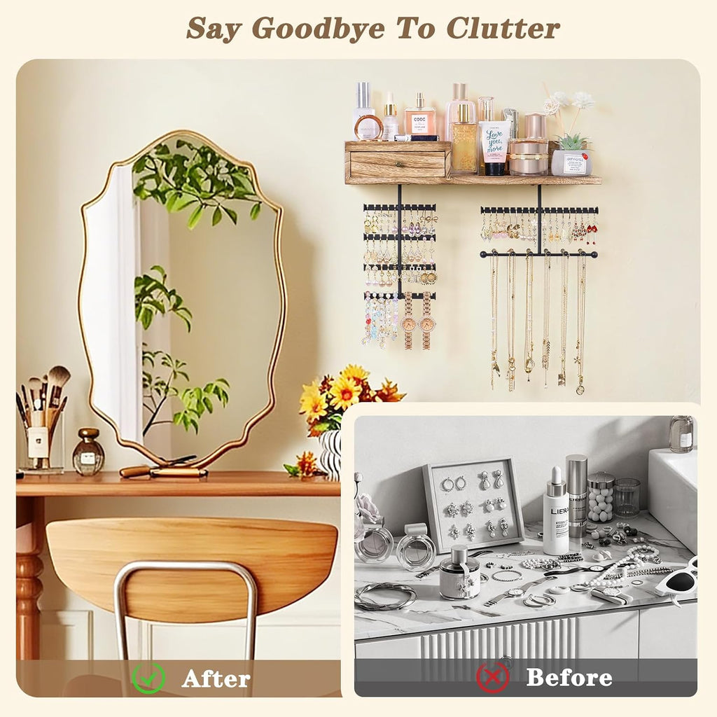 VINAEMO Jewelry Organizer Hanging Wall Mounted Jewelry Holder with Rustic Wood Drawer & Large Capacity Storage Shelf Rack Display for Earrings Rings Necklaces Bracelet