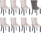 Modern Dining Chairs Set of 8, Tufted Upholstered Dining Chair with Solid Wood Legs, Two-Tone Velvet Accent Chair, Sillas de Comedor, Comfy Kitchen Chairs (Beige+Pattern, 8Pcs)