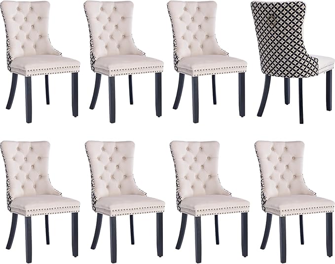 Modern Dining Chairs Set of 8, Tufted Upholstered Dining Chair with Solid Wood Legs, Two-Tone Velvet Accent Chair, Sillas de Comedor, Comfy Kitchen Chairs (Beige+Pattern, 8Pcs)