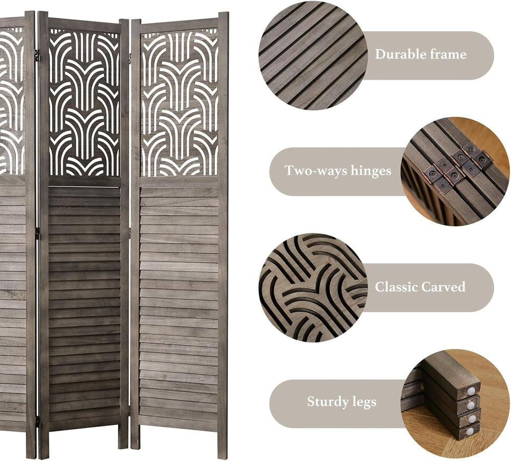 Svimi Folding Room Divider, 66.9 Inch 4 Panels Wood Carved Privacy Screens, F...