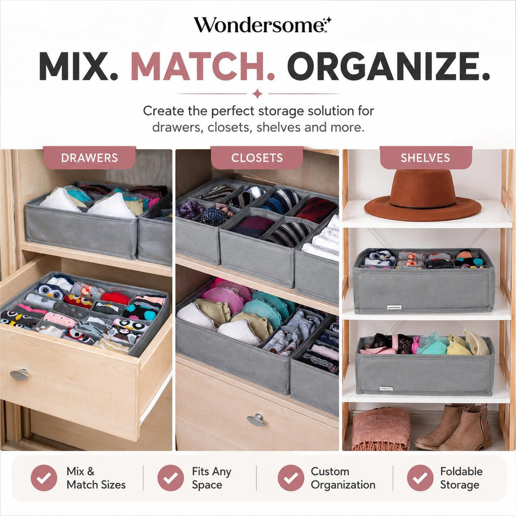 Wondersome Drawer Organizer for Clothes - 6-Pack of Underwear, Sock, Bra, Tie and Clothing Divider - Bedroom Shelf/Cabinet Storage Organization - Foldable Closet and Dresser Fabric Organizing Boxes