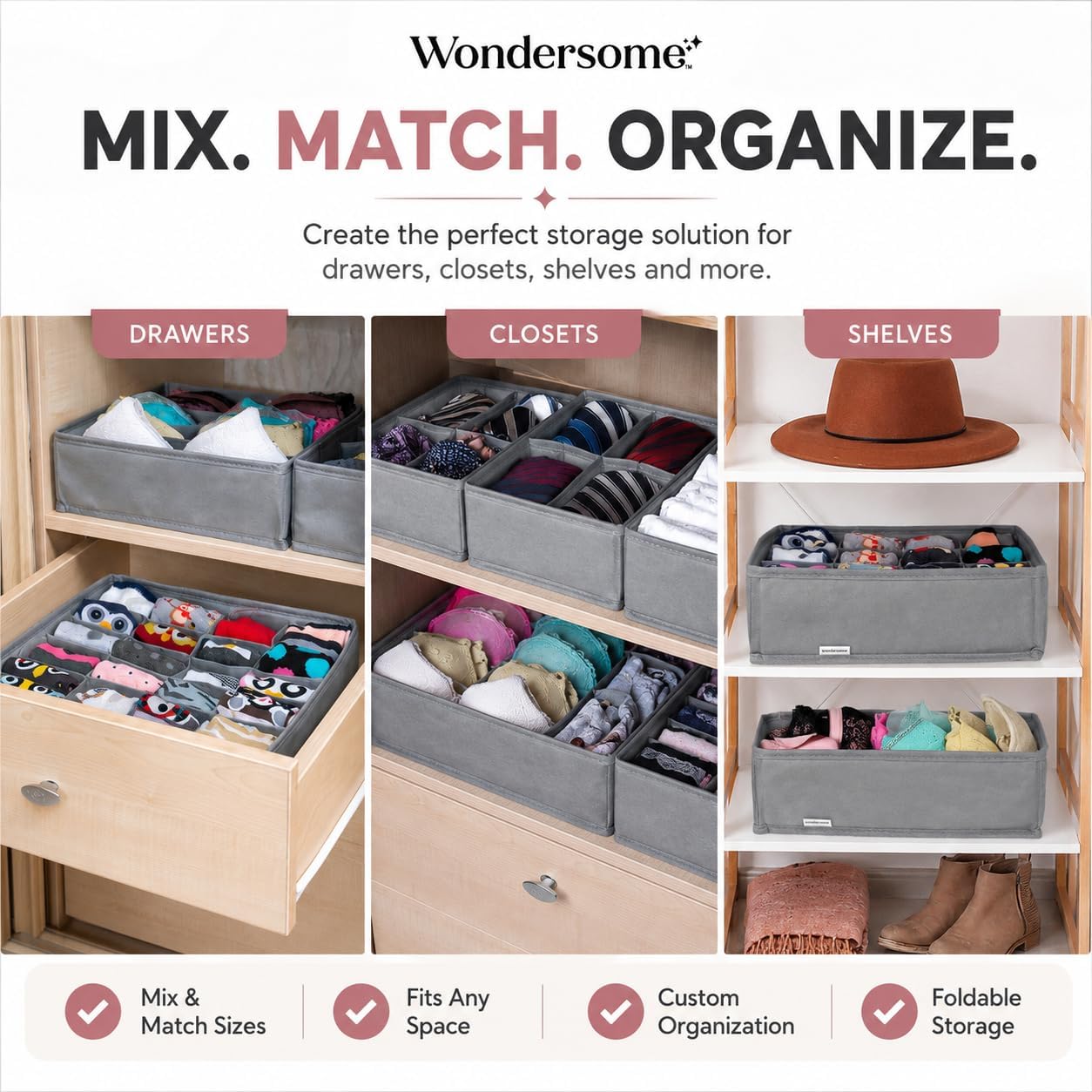 Wondersome Drawer Organizer for Clothes - 6-Pack of Underwear, Sock, Bra, Tie and Clothing Divider - Bedroom Shelf/Cabinet Storage Organization - Foldable Closet and Dresser Fabric Organizing Boxes