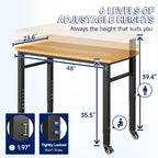 Yizosh 48" Adjustable Portable Workbench with Wheels, Rubber Wood Top, Heavy Duty 2000 LBS Load Capacity, Garage & Workshop Workbench with Storage