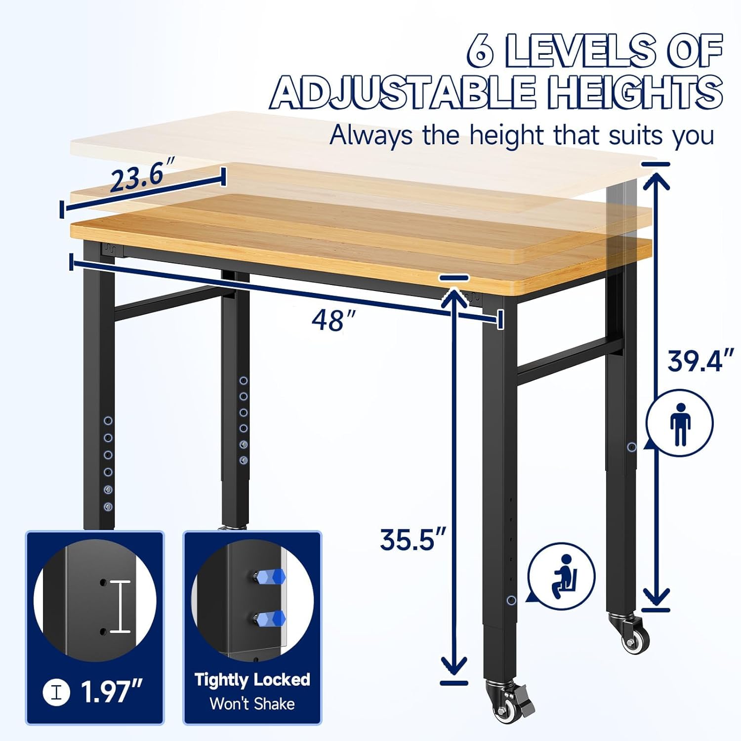Yizosh 48" Adjustable Portable Workbench with Wheels, Rubber Wood Top, Heavy Duty 2000 LBS Load Capacity, Garage & Workshop Workbench with Storage