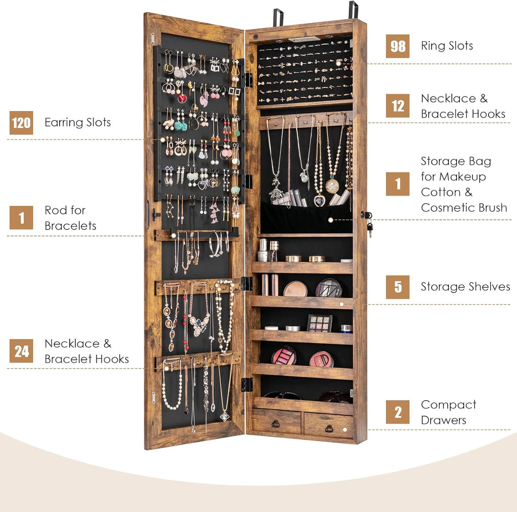 Giantex Wall Door Mounted Jewelry Armoire Cabinet with 47.5" H Full Length Mirror, 2 LEDs Lockable Jewelry Organizer Box with Bracelet Rod, 2 Drawers, Large Storage Capacity (Rustic Brown)