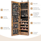 Giantex Wall Door Mounted Jewelry Armoire Cabinet with 47.5" H Full Length Mirror, 2 LEDs Lockable Jewelry Organizer Box with Bracelet Rod, 2 Drawers, Large Storage Capacity (Rustic Brown)