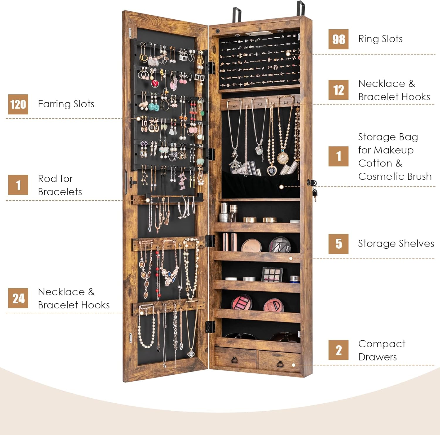 Giantex Wall Door Mounted Jewelry Armoire Cabinet with 47.5" H Full Length Mirror, 2 LEDs Lockable Jewelry Organizer Box with Bracelet Rod, 2 Drawers, Large Storage Capacity (Rustic Brown)