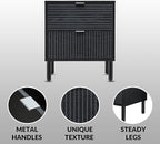 Sango Merk 2-Drawer Nightstand, Modern Black Bedside Table with Cylindrical Wood Legs, Vertical & Horizontal Groove Patterns, Discreet Metal Finger Pulls, Smart Storage for Living Room or Office Room