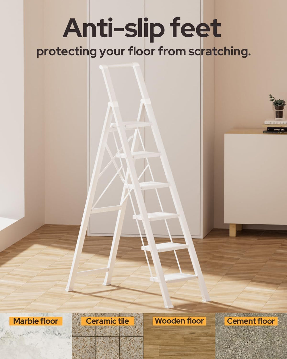 6 Step Ladder, Foldable 6 Step Stool, White