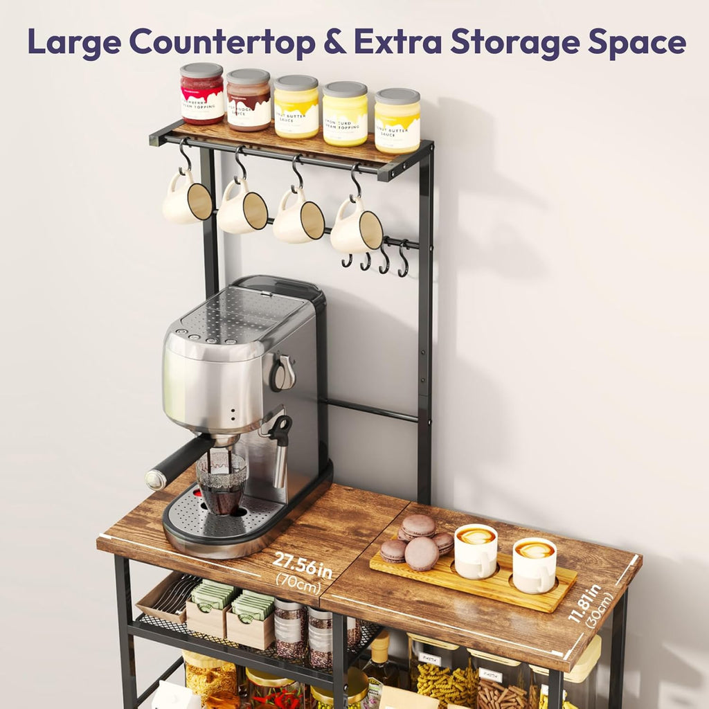SWTYMIKI Bakers Rack with Storage - Coffee Bar Cabinet Organizer with 8 Hooks, Shelves & Cabinet Door, Coffee Station for Kitchen Dining Room, Microwave Stand with Adjustable Feet, Espresso