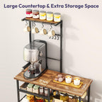 SWTYMIKI Bakers Rack with Storage - Coffee Bar Cabinet Organizer with 8 Hooks, Shelves & Cabinet Door, Coffee Station for Kitchen Dining Room, Microwave Stand with Adjustable Feet, Espresso