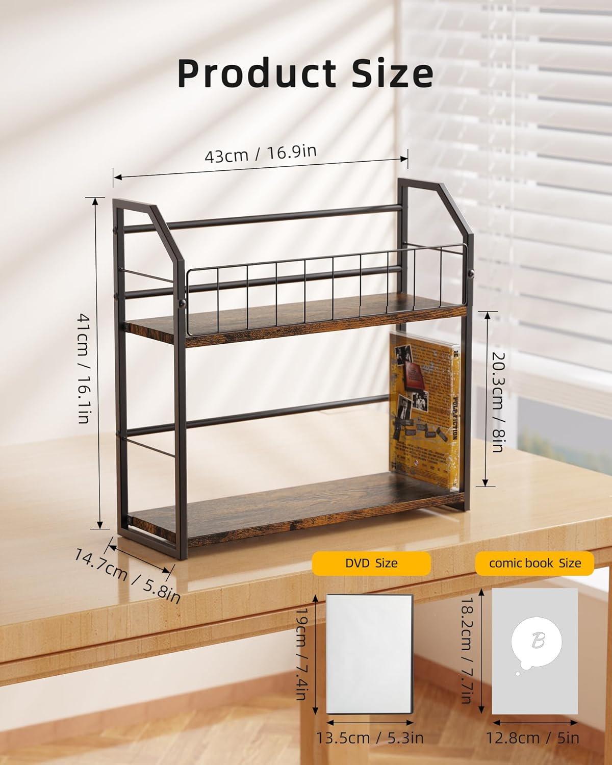 2-Tier DVD Storage Rack, DVD Shelf for Non-slip Feets, DVD Holder Display with 10 lb per Tier, Stores Up to 56 DVDs, Display Organizer Tower for Music Enthusiasts and Collection