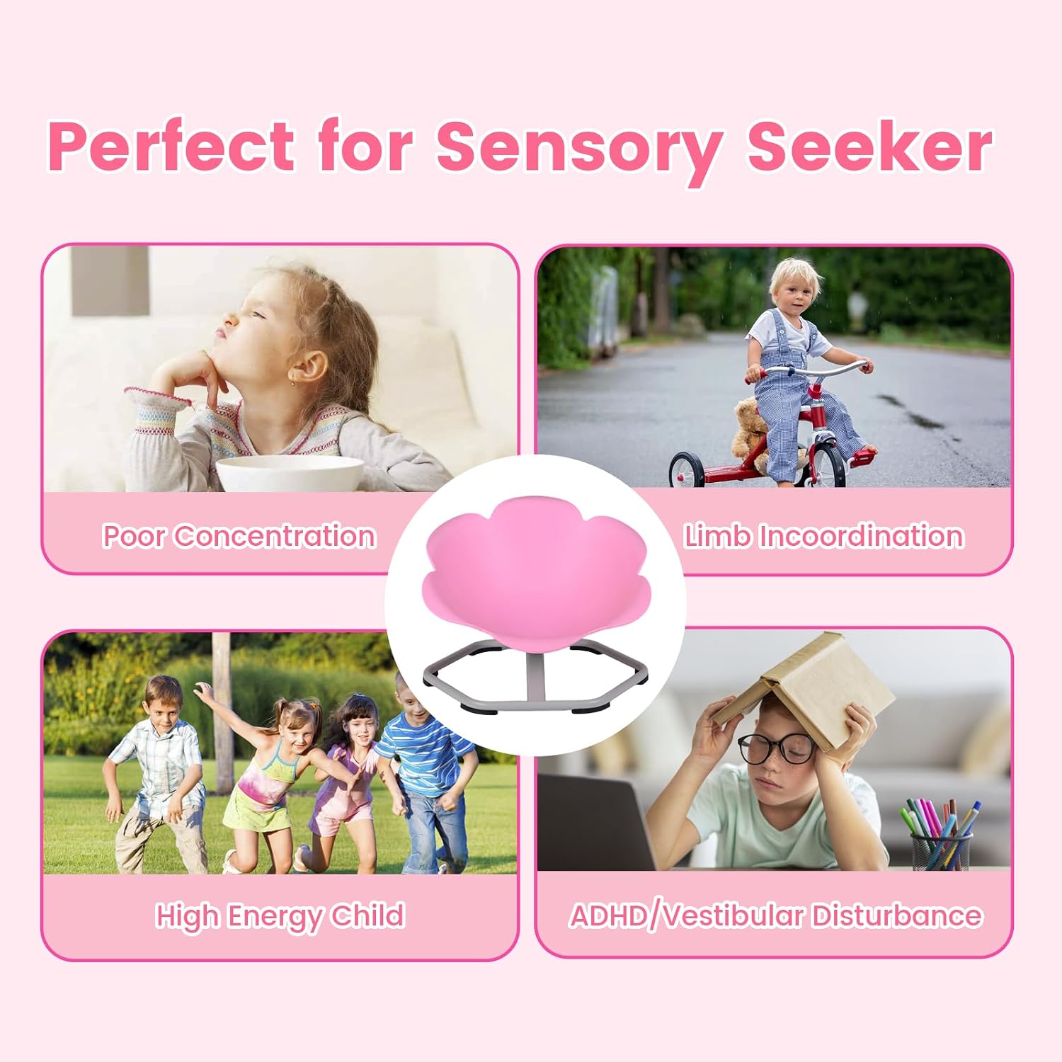 Olakids Sensory Spinning Chair, Flower Shape 360° Swivel Seat for Autistic Kids Autism ADHD Children with Non-Slip Design, Sit and Spin Toy for Body Balance Coordination Training (Pink)