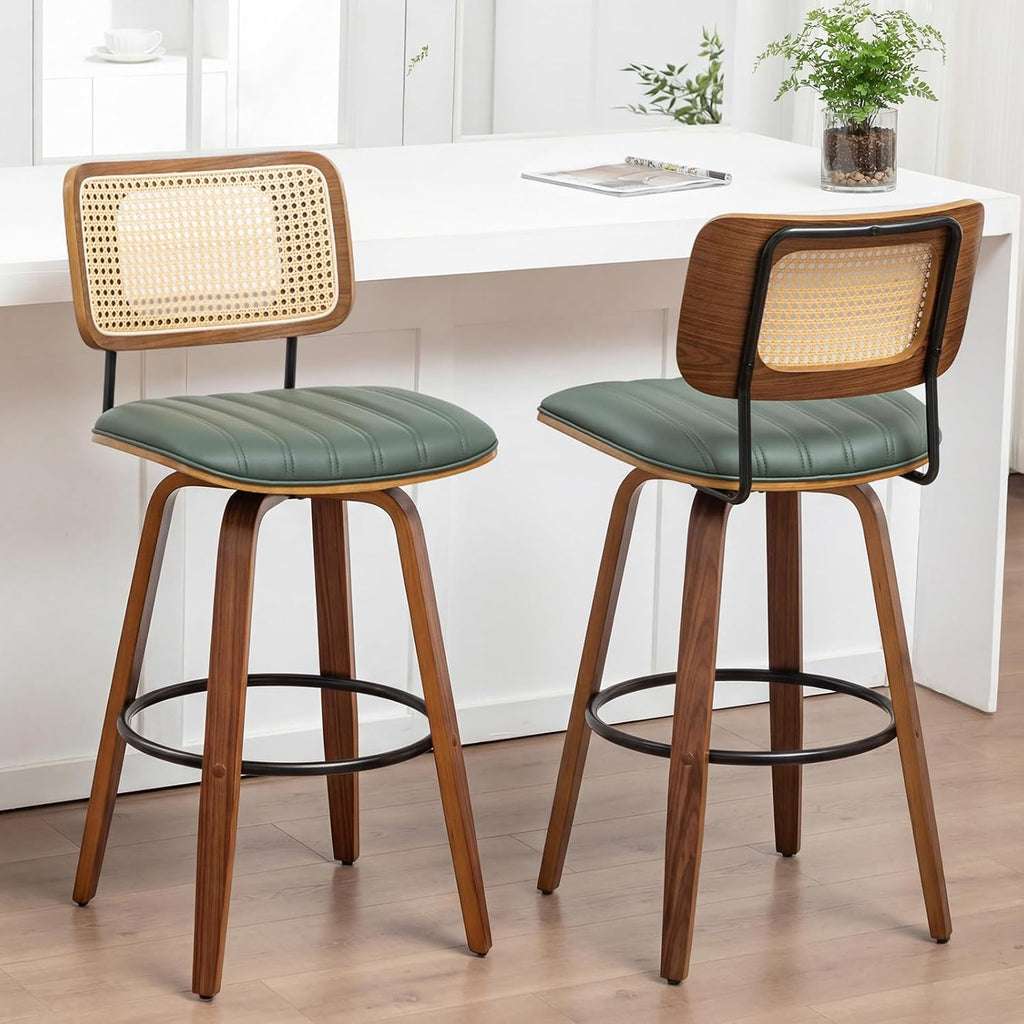 Swivel Bar Height Stools, Mid Century Modern Bar Stools wit Curved Back | Solid Bentwood Frame, Walnut Finish, Cane Back, PU Leather Upholstered Seat, Kitchen BarStools for Bar, Cafe, Pub, Restaurant