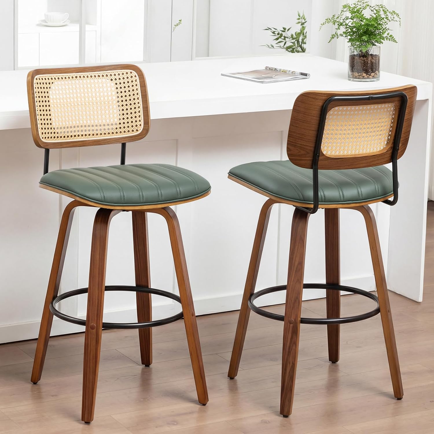 Swivel Bar Height Stools, Mid Century Modern Bar Stools wit Curved Back | Solid Bentwood Frame, Walnut Finish, Cane Back, PU Leather Upholstered Seat, Kitchen BarStools for Bar, Cafe, Pub, Restaurant