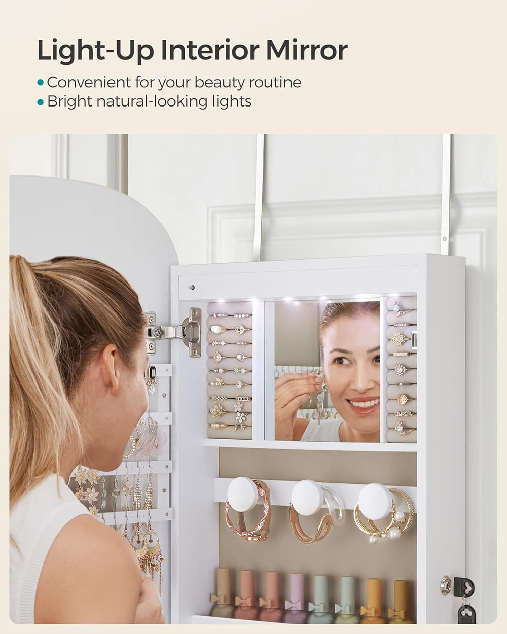 SONGMICS Jewelry Organizer, LED Jewelry Cabinet Wall/Door Mounted, Lockable R...