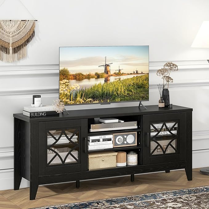 Giantex Farmhouse TV Stand for TVs up to 65", Entertainment Center with 4 Adjustable Storage Shelves & Tempered Glass Doors, Modern TV Console Table for Bedroom, Living Room