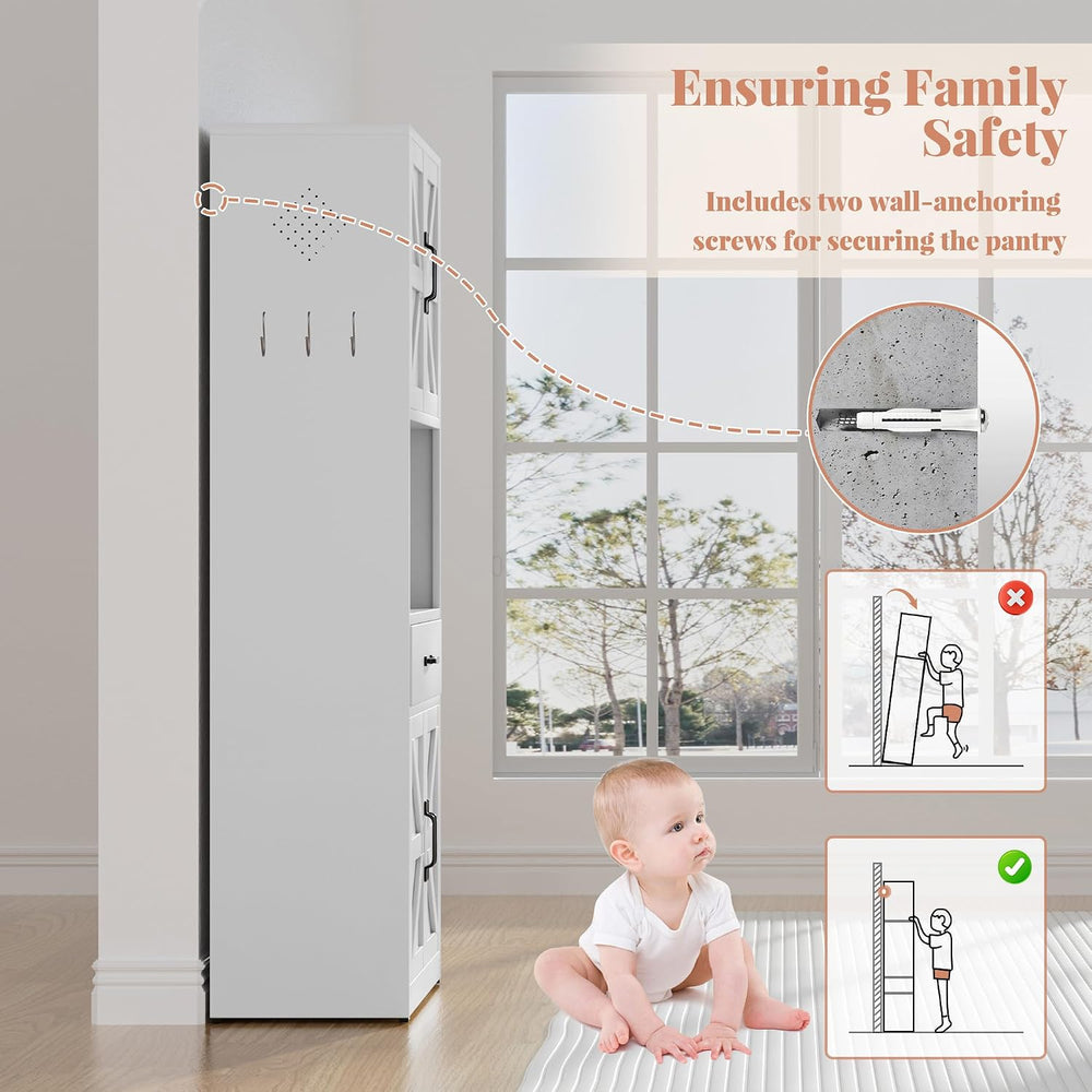 72" H White Steel Kitchen Pantry Storage Cabinet with Countertop | Metal...