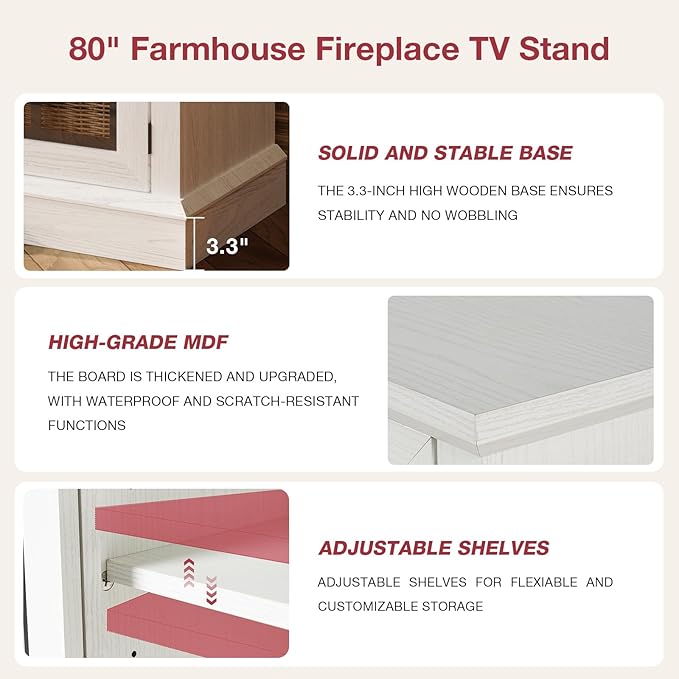 oneinmil 80'' Fireplace TV Stand with 3-Sided Glass, TV Cabinet for TVs up to 85", 80'' Modern Media Entertainment Center with Farmhouse Glass Door Storage Cabinets