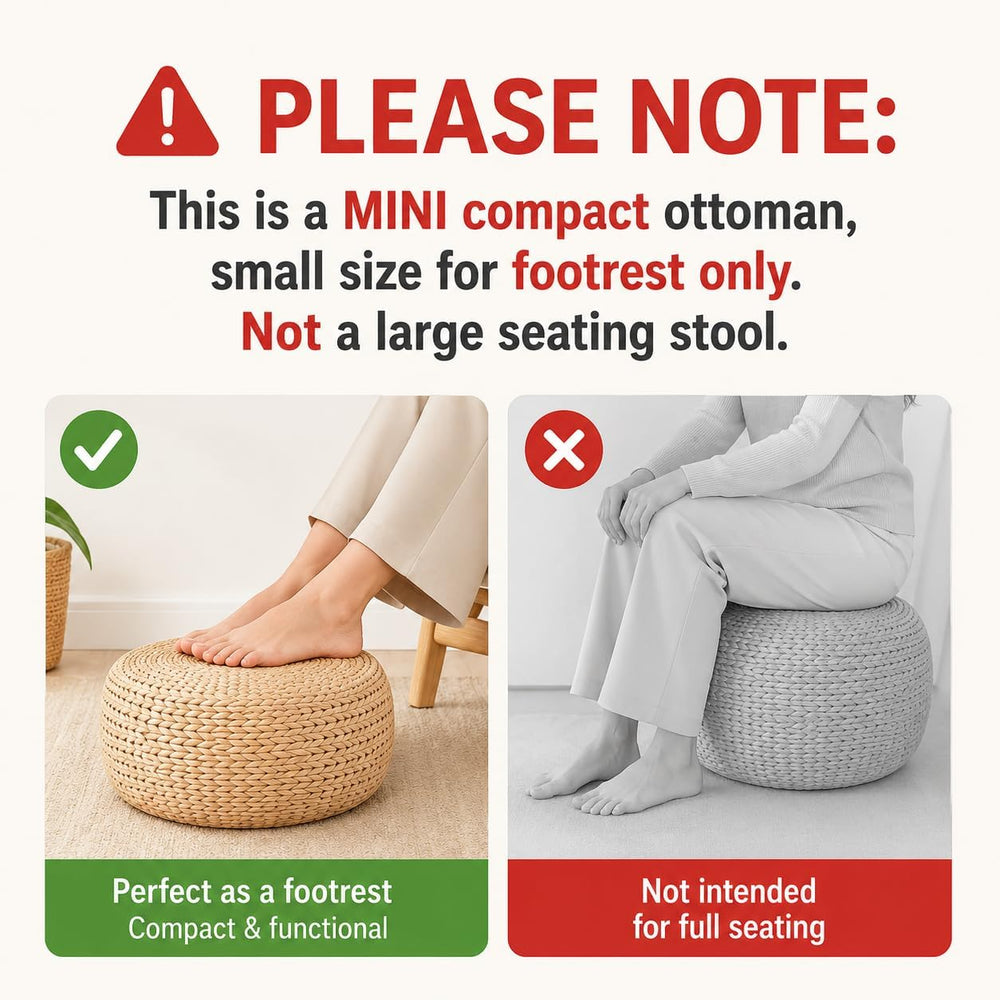 Small Straw Pouf Ottoman, Low Natural Footrest, Dia: 12.2" | Natural, Ec...