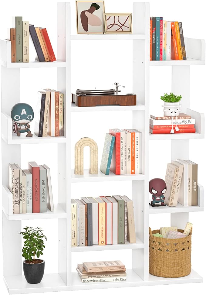 Aheaplus Bookshelf, Tree-Shaped Bookcase Storage Shelf with 13 compartments, Books Organizer Display Cube Shelves, Industrial Free Floor Standing Wood Open Bookshelves for Home, White