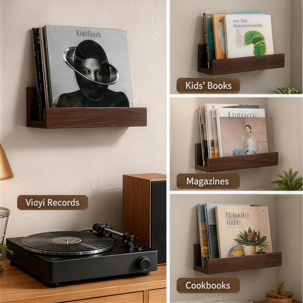 Large Wall Mount Vinyl Record Display, Solid Structure Vinyl Holder Wall, Multi Space Record Holder, Decorative Album Storage Rack for Living Room Bedroom Music Room Dark Walnut Finish