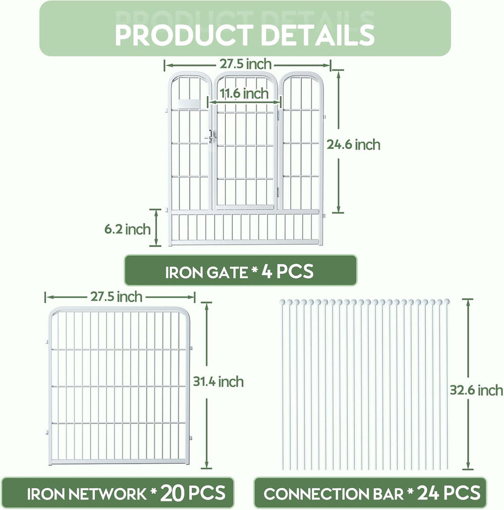Decorative White Garden Fence 24 Pack for Pets Dogs 32in (H) x 55ft (L),Metal...