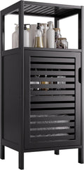 HITNET Bamboo Floor Cabinet, Small Bathroom Cabinet Floor Standing, 4 Tier Narrow Side Storage Cabinet, Space Saving Kitchen Cupboard with Single Door, Black
