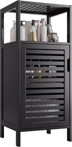 HITNET Bamboo Floor Cabinet, Small Bathroom Cabinet Floor Standing, 4 Tier Narrow Side Storage Cabinet, Space Saving Kitchen Cupboard with Single Door, Black