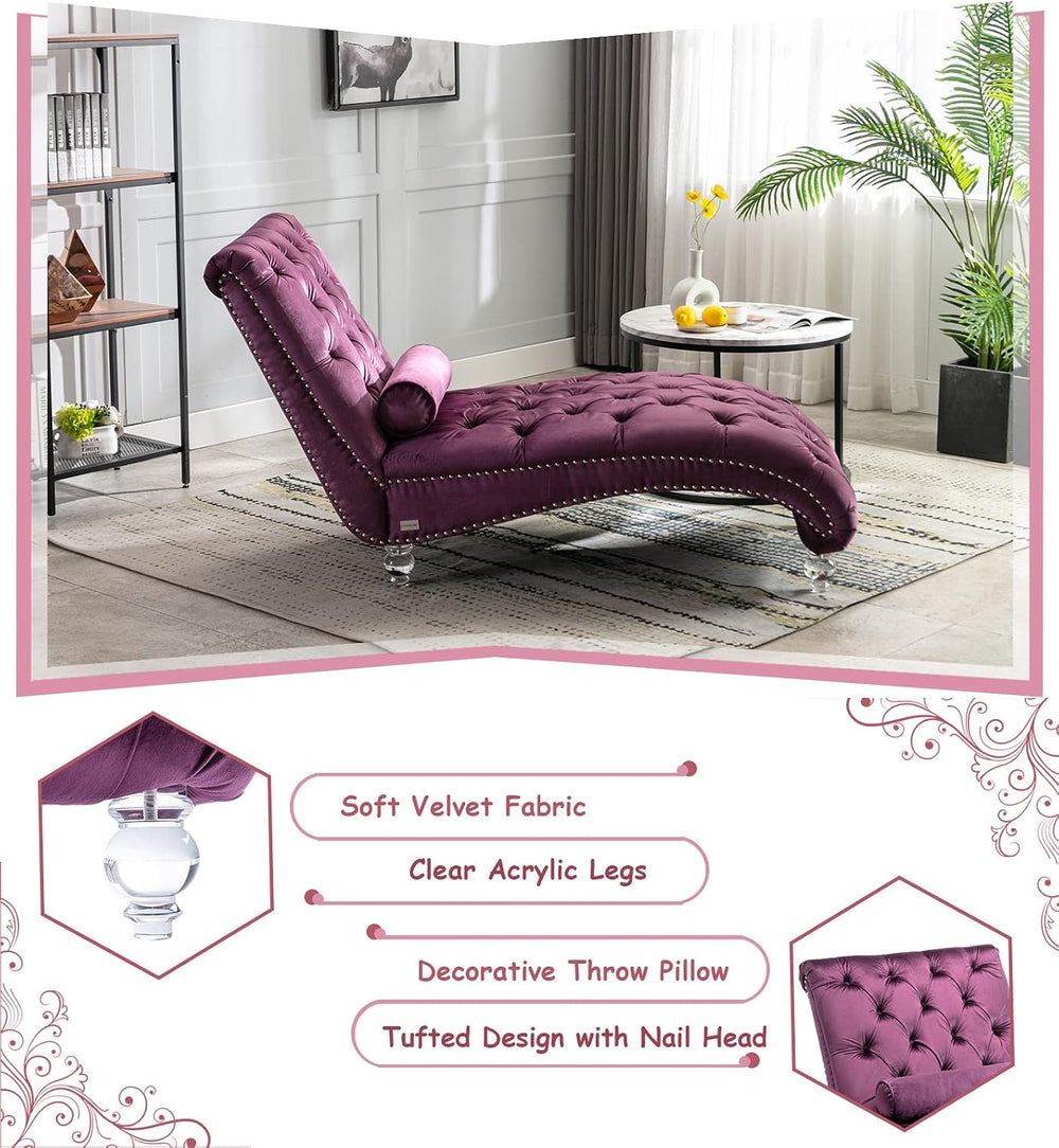 Velvet Chaise Lounge Chair with Toss Pillow, Modern Tufted Button Lounge Chai...