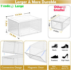 12 Pack Clear Shoe Storage Organizer with Magnetic Door,Stackable Plastic Shoe Boxes for Sneakers,Boots,and Heels,Space-Saving Foldable Shoe Rack for Closet,Durable Shoe Cabinet Organizer,White