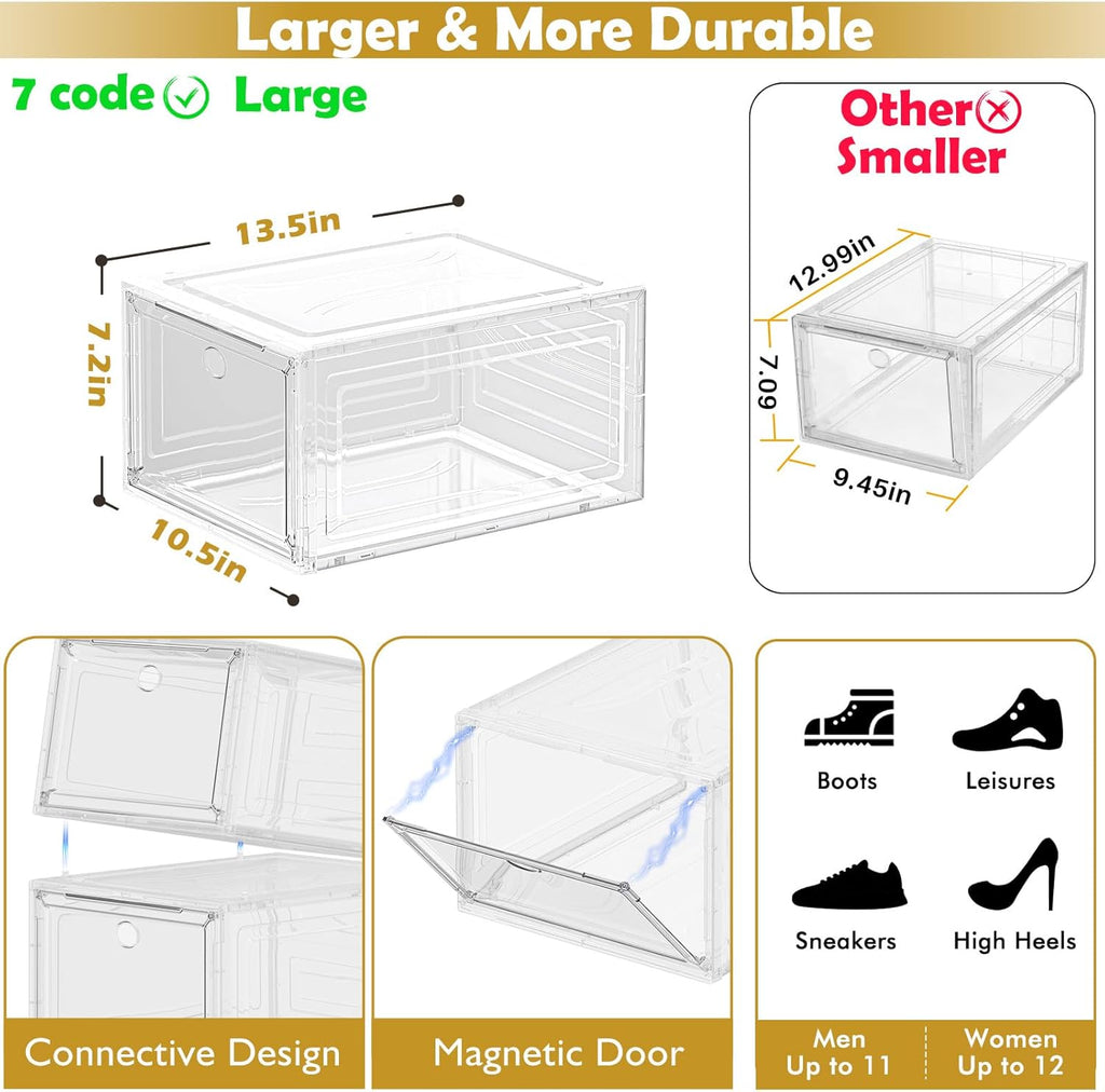 7 code Large Clear Shoe Boxes Organizer【Thicker Material】 Stronger Shoe Box with Magnetic Door, Stackable Shoe Storage Box for Closet, Foldable Space-Saving Storage Bins Shoe Cabinet, White 9 Pack