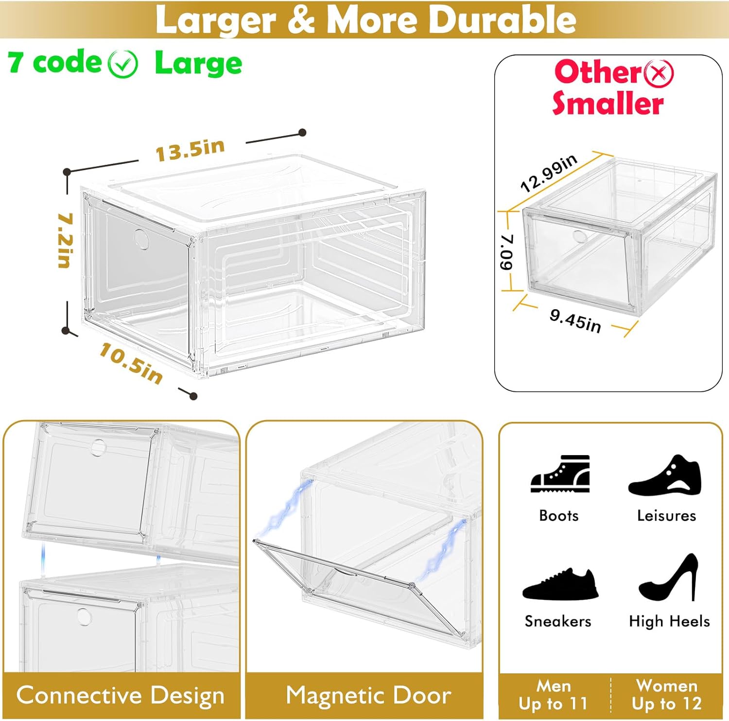 7 code Large Clear Shoe Boxes Organizer【Thicker Material】 Stronger Shoe Box with Magnetic Door, Stackable Shoe Storage Box for Closet, Foldable Space-Saving Storage Bins Shoe Cabinet, White 9 Pack