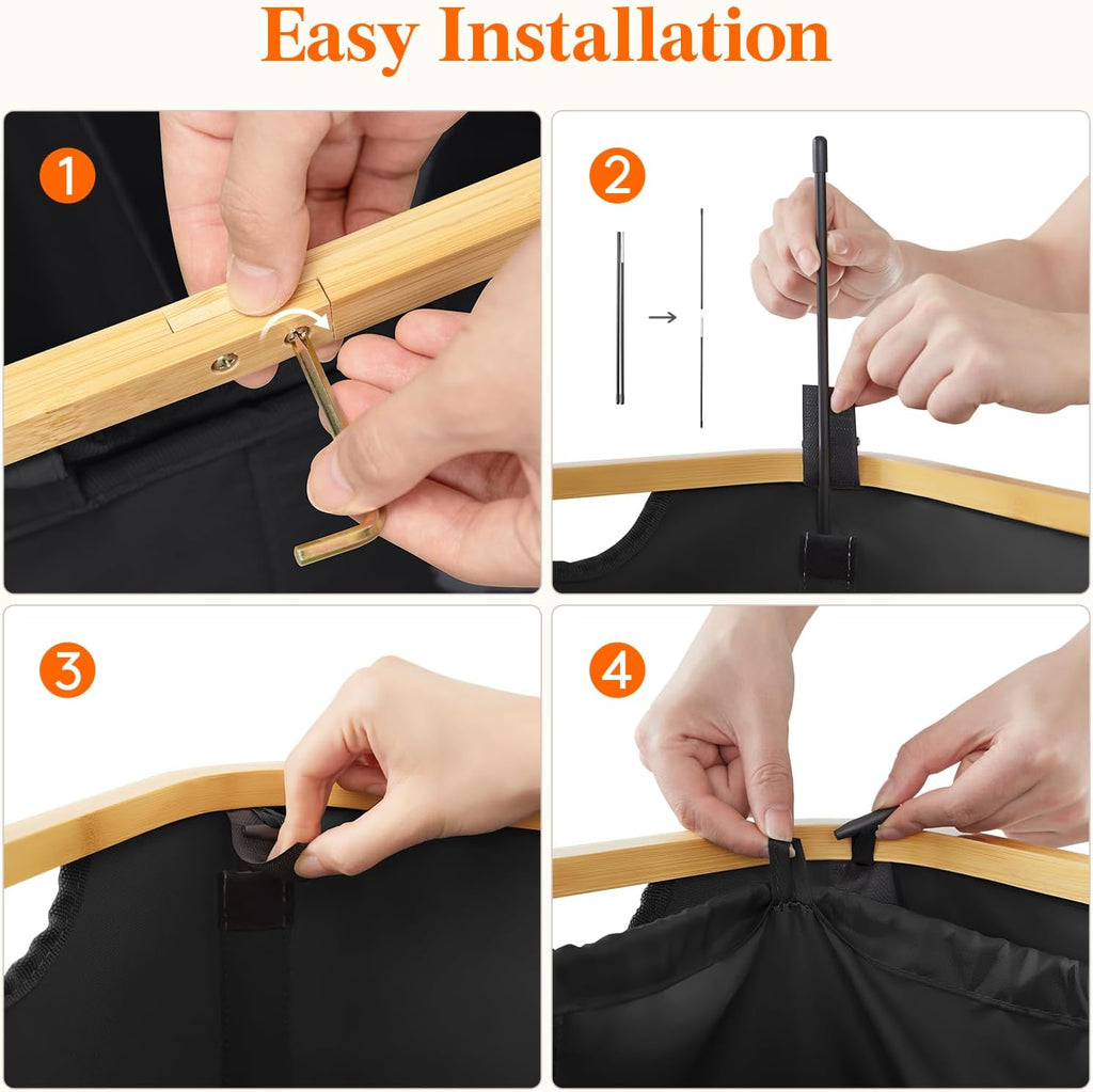 Lifewit 150L Laundry Basket with Lid, Clothes Hampers with Bamboo Handles and 2 Removable Bags, Large Foldable Laundry Hamper for Bedroom, Bathroom, Dorm, Black