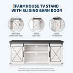 IDEALHOUSE Farmhouse TV Stand for TV up to 65 Inch, Entertainment Center with Sliding Barn Doors and Adjustable Shelves, Mid Century Modern Media Console Table for Living Room, White & Black