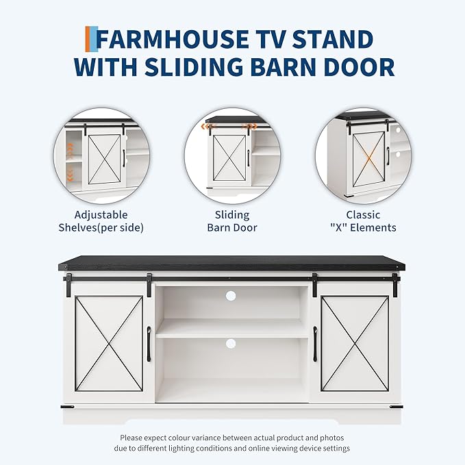 IDEALHOUSE Farmhouse TV Stand for TV up to 65 Inch, Entertainment Center with Sliding Barn Doors and Adjustable Shelves, Mid Century Modern Media Console Table for Living Room, White & Black