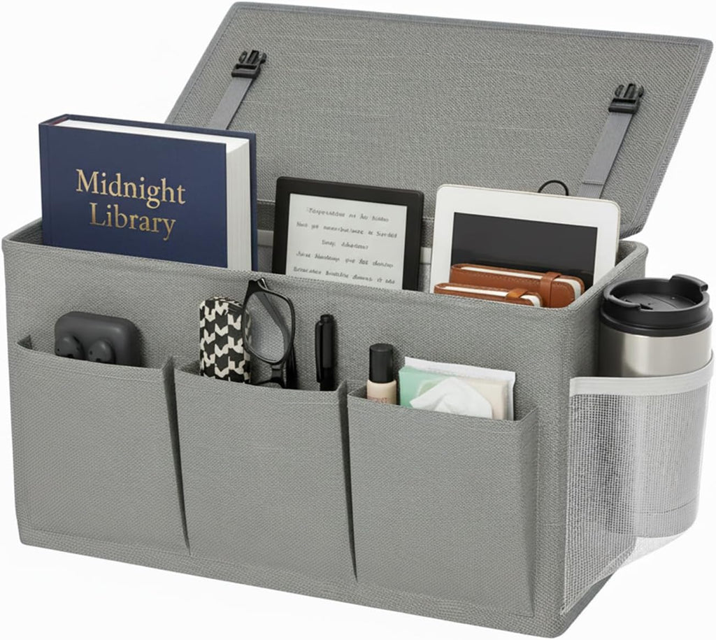 Bedside Caddy Organizer,Bed Hanging Storage Bag for Dorm Utility Carts Bed Rails,Book Phone Magazine Holder(6 Pockets,Grey)