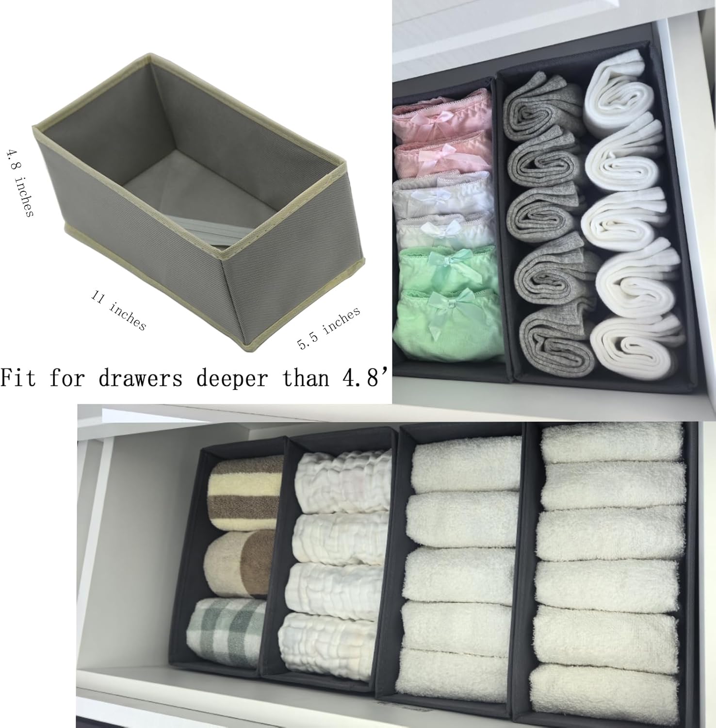 Socks Drawer Organizer Set of 3 Pack Light Grey, Small Underwear Dividers, 11' Closet Cabinet Wardrobe Dresser Storage Boxes for Panty Stockings Leggings Baby Clothes