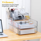 YKLSLH Paper Organizer Letter Tray - Acrylic Stackable Desk File Organizer with 5-Gird Tray and Pencil Holder, Clear Paper Sorter Office Organizer for Letter/A4, Office File Ipad Books Notes Etc