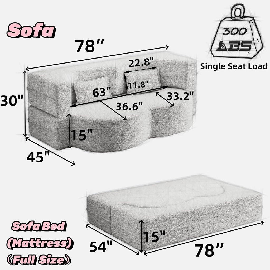 2 in 1 Convertible Folding Sofa Bed, Plush Corduroy Lazy Lounge Sofabed, Foam Folding Floor Sofa Bed, 78" Full Size Memory Foam Couch for Living Room Guestroom, No Assembly Required Sofabed (Coffee )