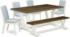 East West Furniture V077LA015-6 6 Piece Dining Table Set Contains a Rectangle Dining Room Table with V-Legs and 4 Baby Blue Linen Fabric Parson Chairs with a Bench, 40x72 Inch, Multi-Color