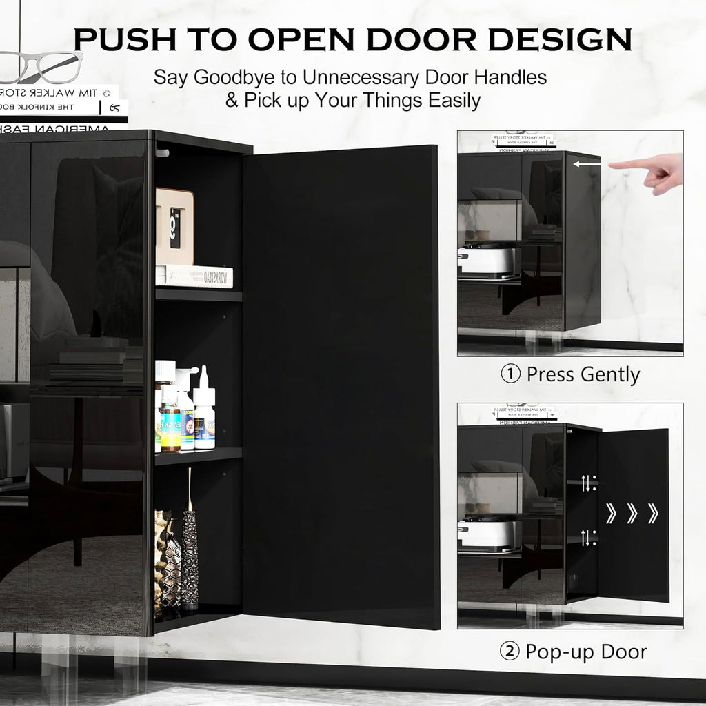 TV Stand TV Cabinet Up to 65 inch with Conceals Storage, High Gloss, Black | TV cabinet with 2 Push-Open doors and 2 drawers, entertainment center, storage cabinet, modern style, living room, office