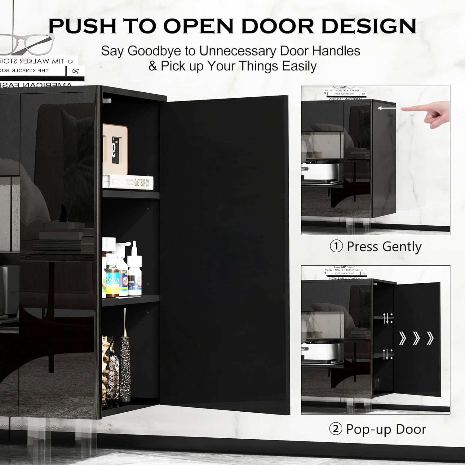 TV Stand TV Cabinet Up to 65 inch with Conceals Storage, High Gloss, Black | TV cabinet with 2 Push-Open doors and 2 drawers, entertainment center, storage cabinet, modern style, living room, office