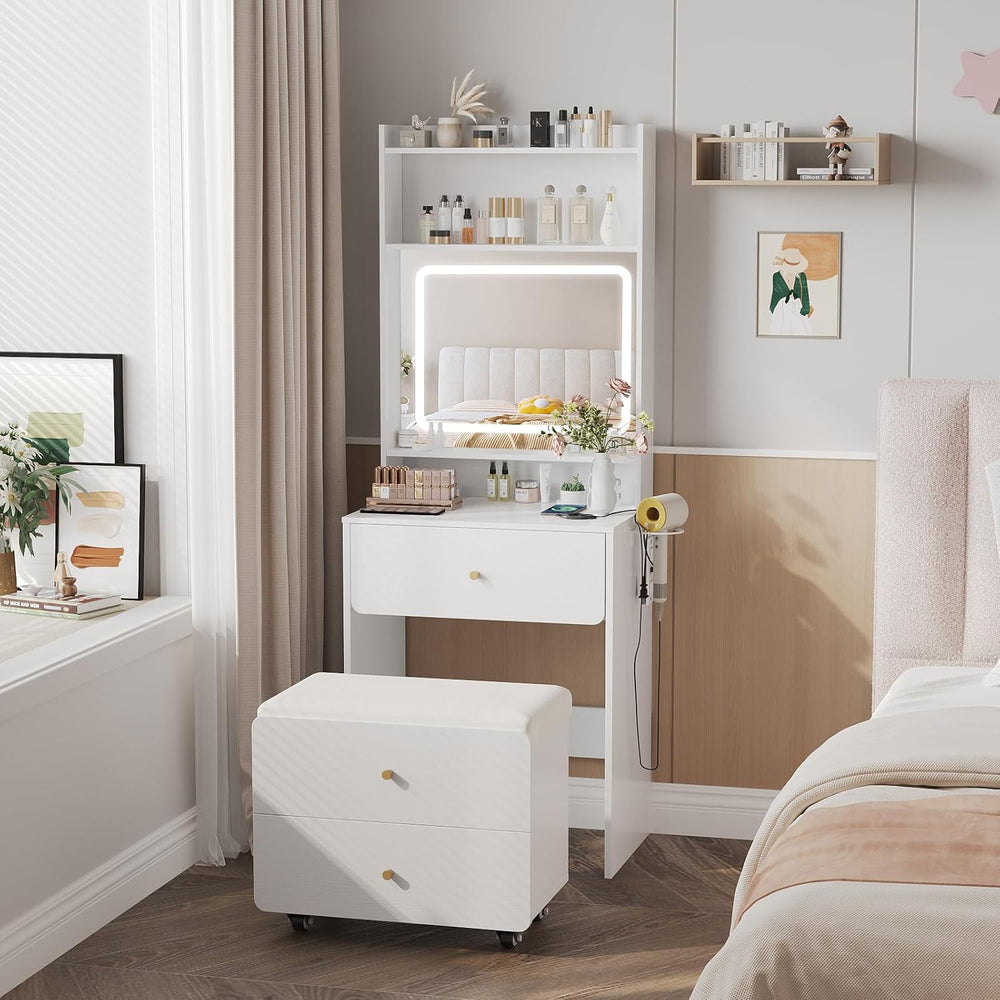 Make Up Vanity Desk with Mirror and Lights,Small Vanity With Storage Chair | ...