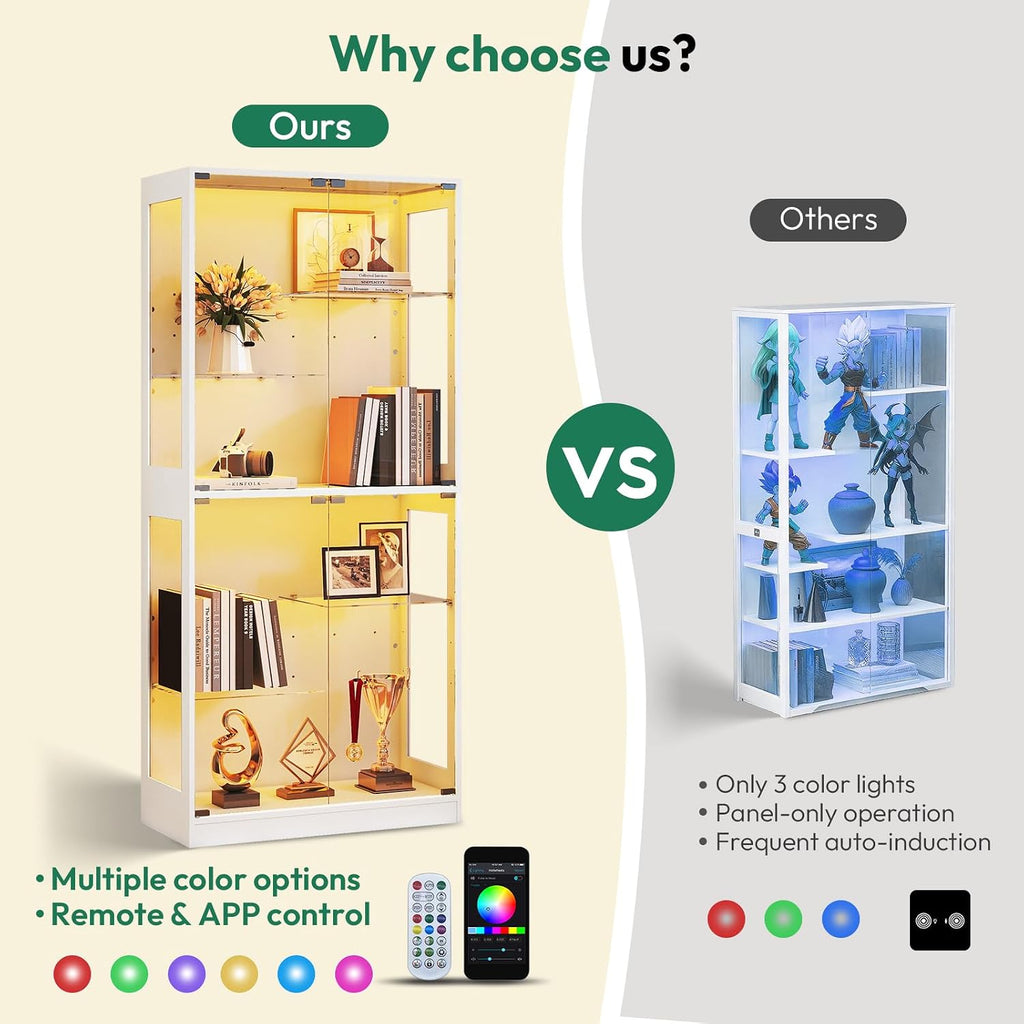 Lamtor 69-inch Glass Display Cabinet – Curio Cabinet with RGB LED Lights, Adjustable Shelves & Anti-Tip Design for Collectibles, Figures, Living Room | White