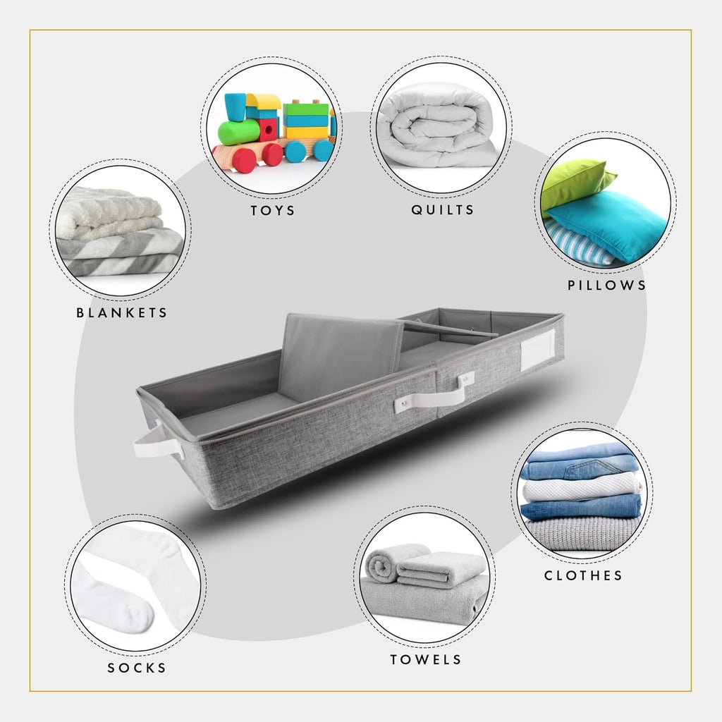 HOMELUX THEORY 2pc Low Profile Under Bed Storage Containers, Thin Under Couch Storage Organizer with Bins & Lids, Underbed Storage Box Ideal for Seasonal Clothes, Blankets, Fabric & Shoes (LightGray)