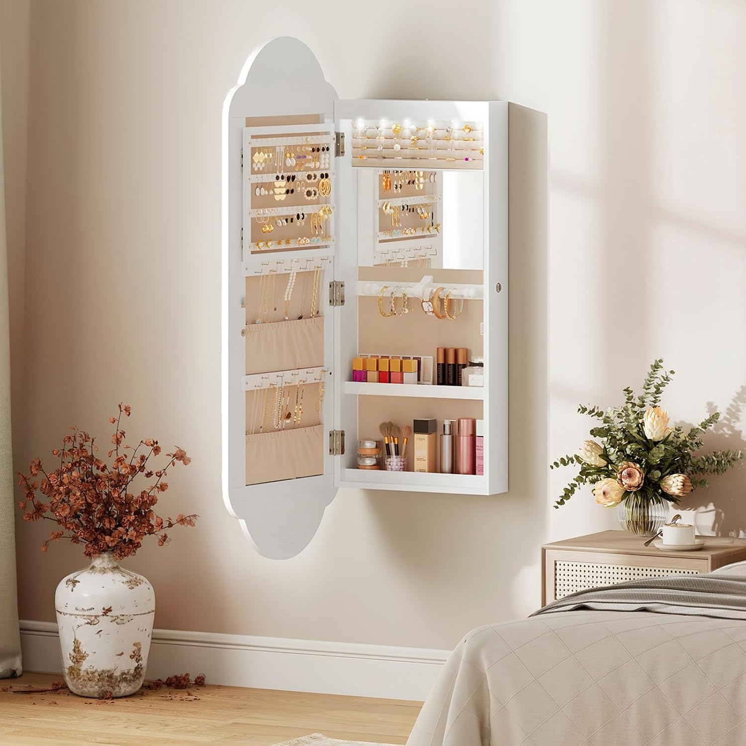 HOOBRO Jewelry Cabinet Wall/Door Mounted, LED Jewelry Organizer, Lockable | Jewelry Armoire, Hanging Jewelry Cabinet with Storage, Wide Full Length Mirror, 4.1 x 16.5 x 42.5 Inches, White