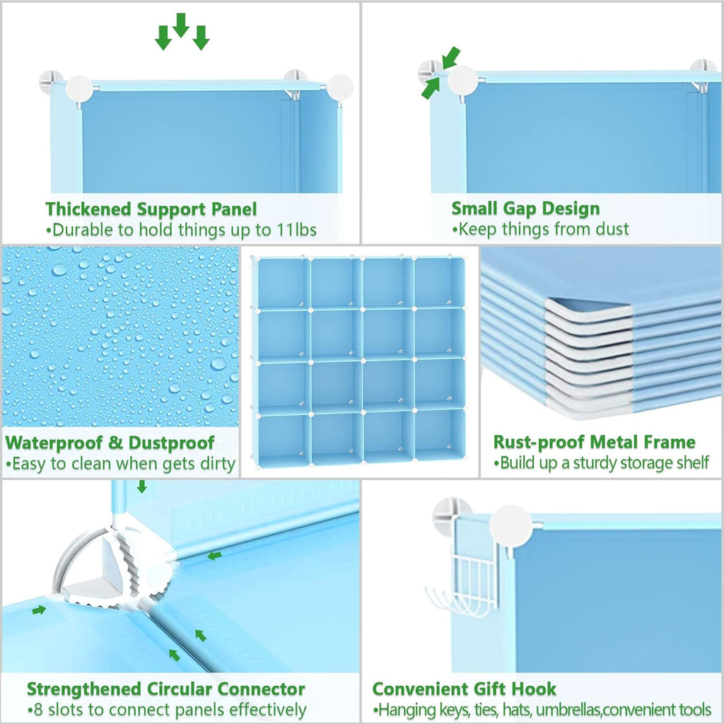 C&AHOME Cube Storage Organizer, 16-Cube Shelves Units, Plastic Storage Cubes, DIY Closet Organizer, Modular Closet Storage Shelves Ideal for Home, Bedroom, 48.4" L × 12.4" W × 48.4" H Blue UPCS16L