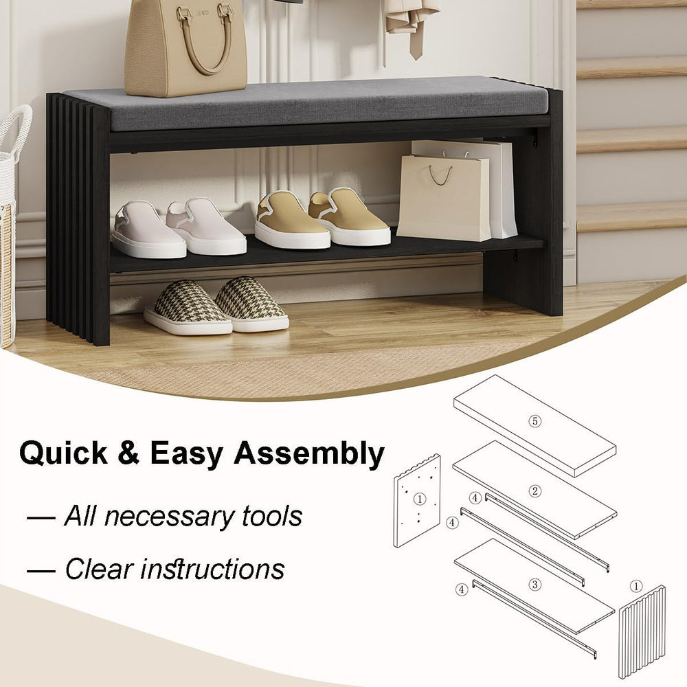 BON AUGURE 40" Entryway Shoe Bench with Storage & Cushion, Modern Fl...