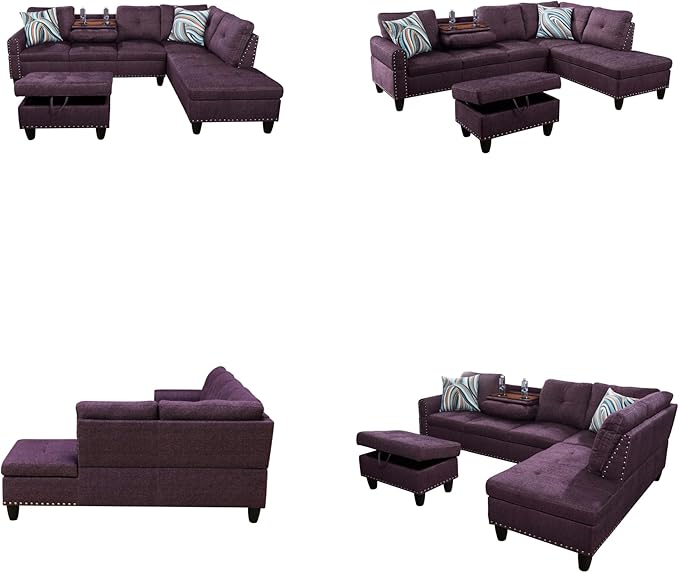 97.5" L Shaped Couch Set, Modular Sectional Couches for Living Room with Storage Ottoman, 4 Seat Home Sofa Living Room Furniture Sets with Chaise for Apartment Office (Linen, Purple)